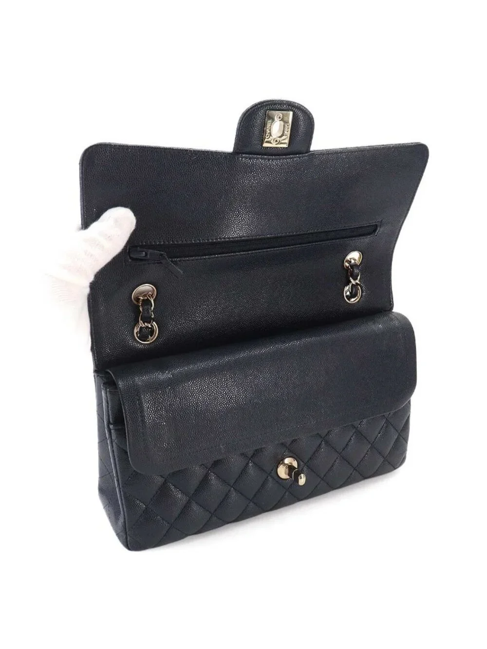 Chanel Quilted 25 Chain Shoulder Bag Caviar Leather Navy Gold